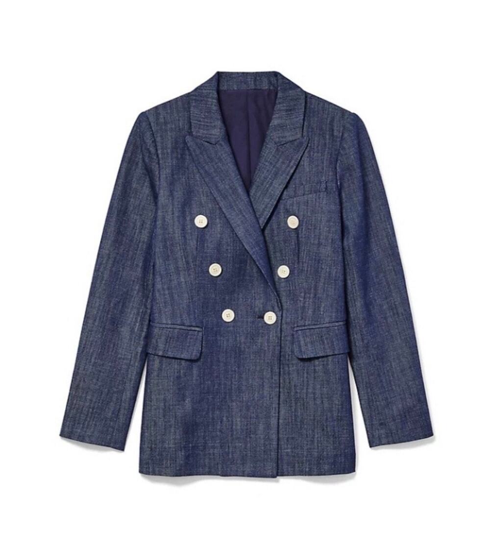 LOFT Petite Faux Denim Double Breasted Blazer Navy Nautical 0P